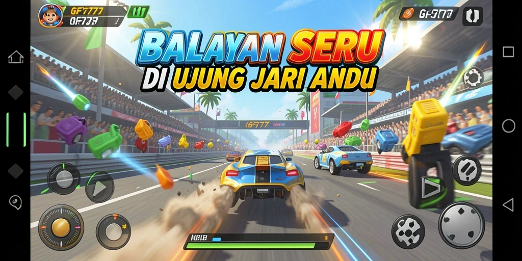 Tangkapan layar menampilkan aksi balapan seru dalam GF777.