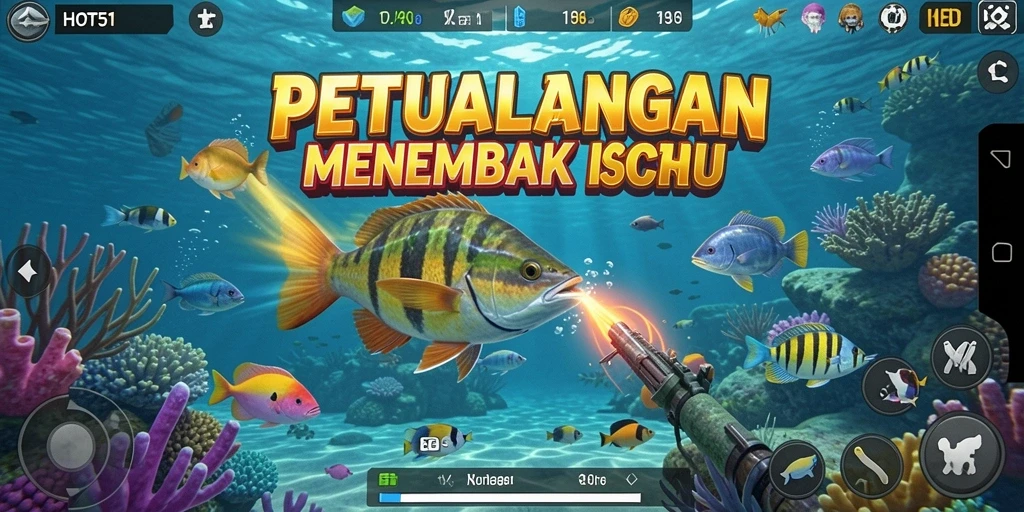 Tampilan gameplay HOT51 yang penuh warna dan seru dengan aksi menembak ikan.