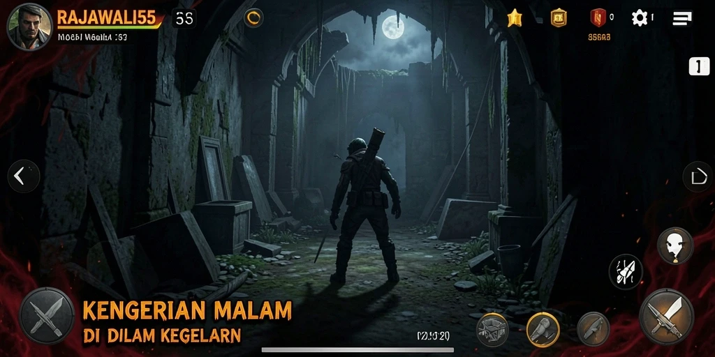 Screenshot menampilkan aksi mengerikan dalam RAJAWALI55 saat karakter menjelajahi kegelapan.